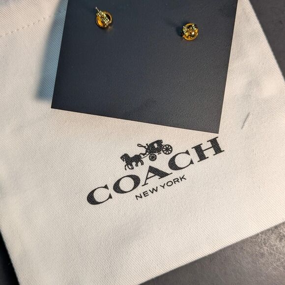 Coach gold earrings horseshoe drop with a pink stone - Picture 2 of 2